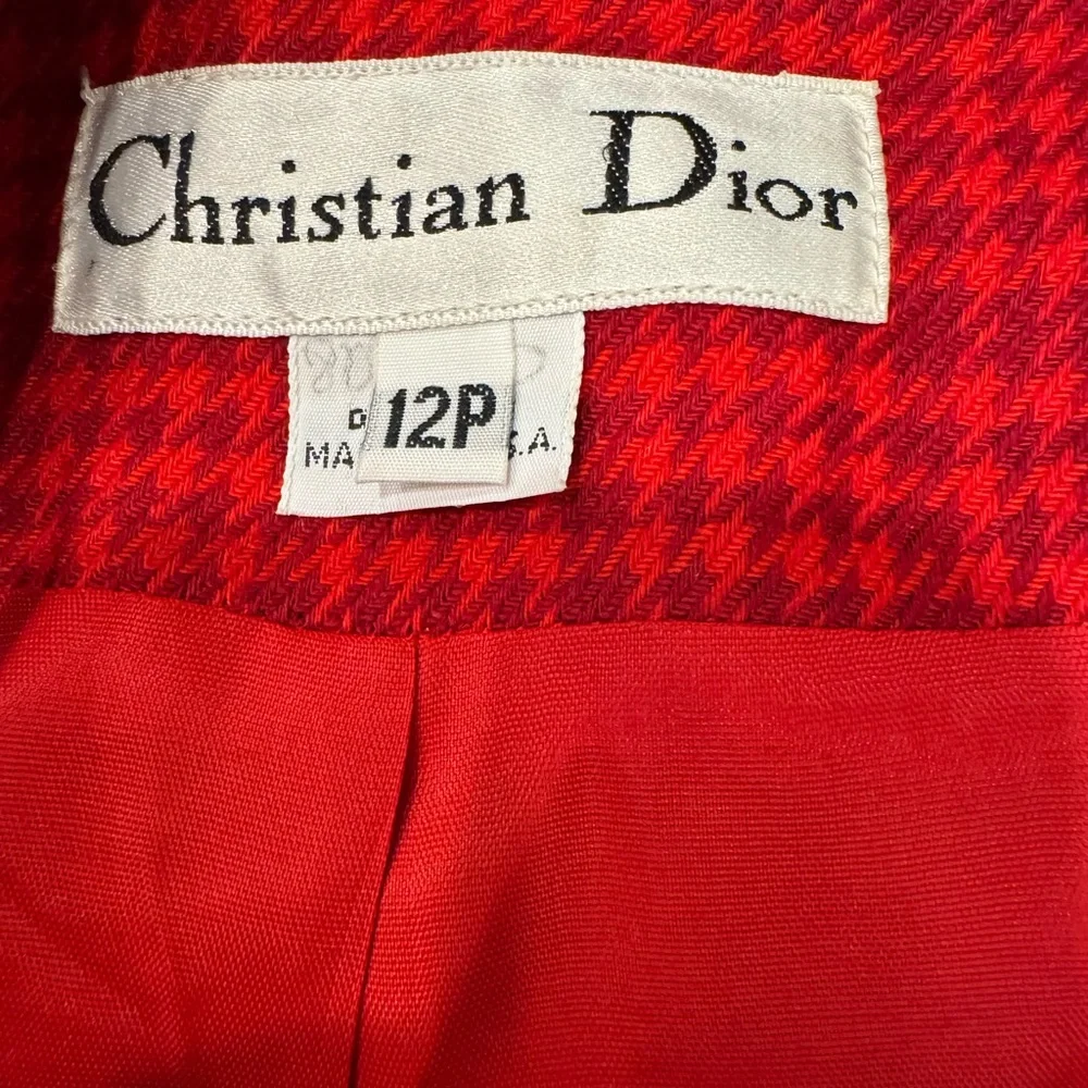 Christian Dior Vintage Houndstooth Red Plaid Pure Wool Blazer Top Size 12P